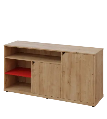 KU2-15DN3 P skříňka nízká 2-dveřová, nika, 740x1522x400, provedení pravé, korpus a dvířka dub lite/police červená